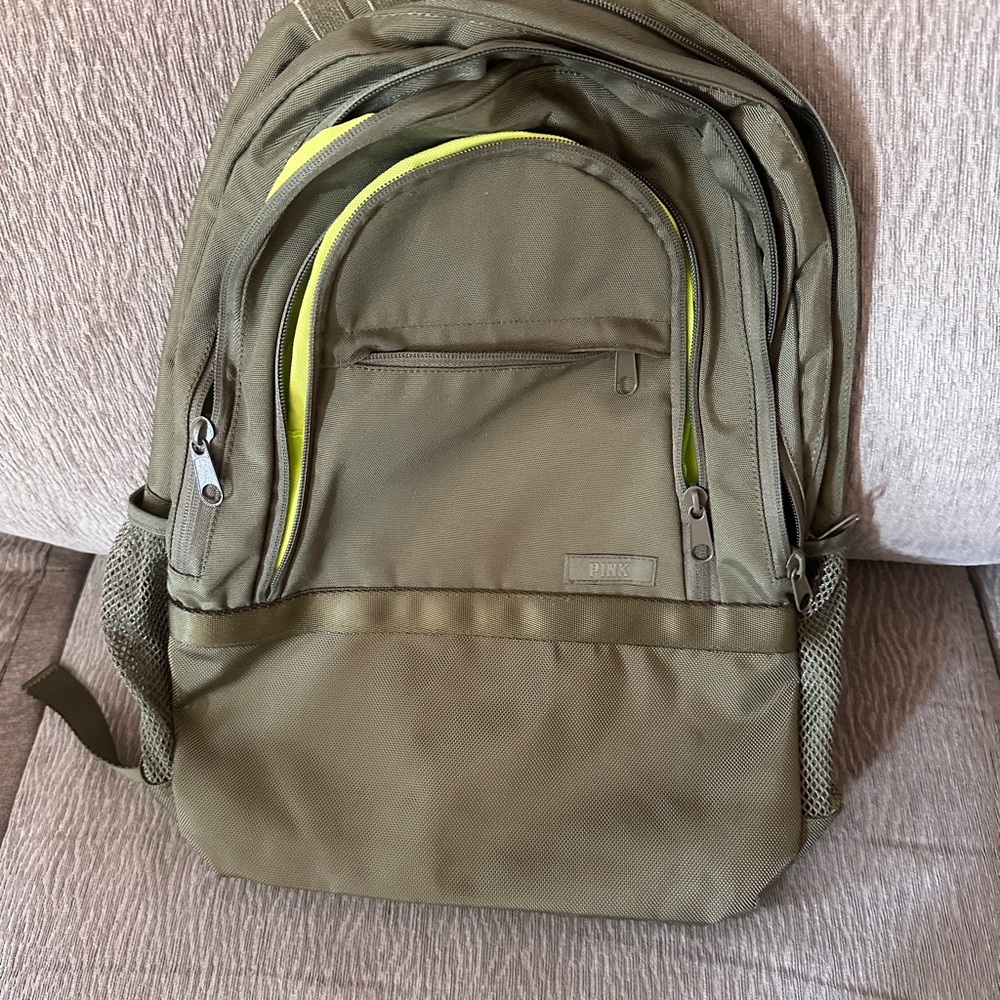 PINK Victoria's Secret Green Backpack with Neon Accents